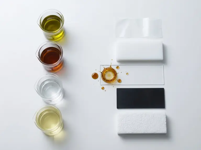 Oil droplets on plastic samples in a laboratory setting