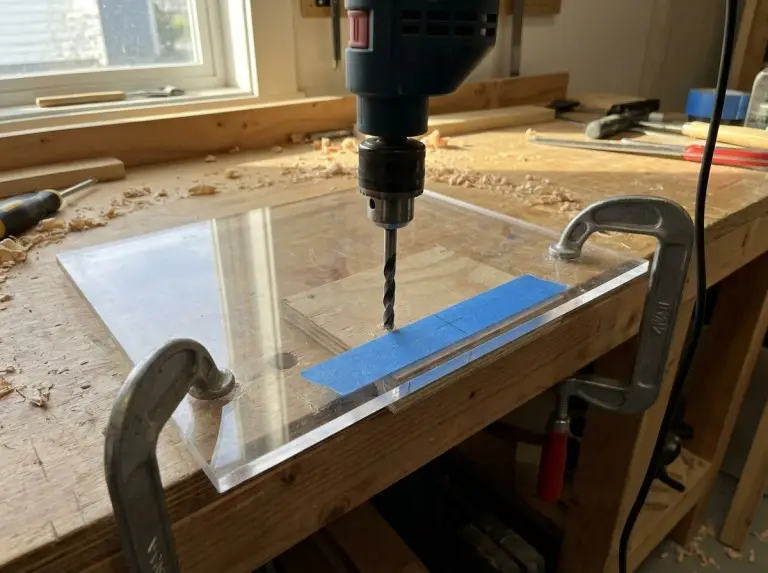 Acrylic sheet clamped to workbench with timber backing board and masking tape at drill entry point