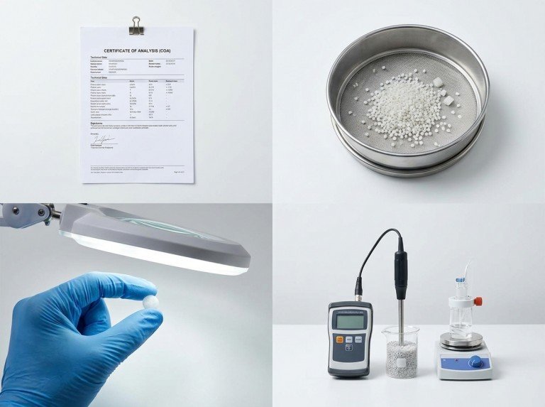 Lab bench flat lay showing COA document, sieve, visual inspection, and moisture measurement for pellet quality verification