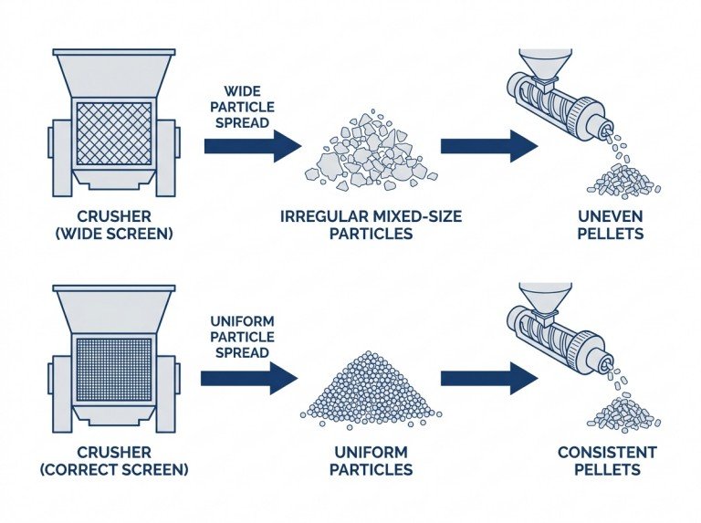 Flow diagram showing mismatched crusher screen producing wide particle spread versus correct configuration producing uniform pellets