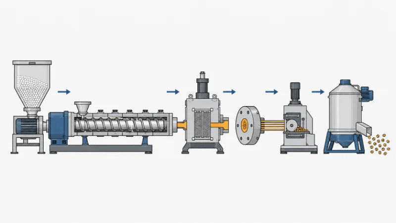 Plastic pelletizing line stage diagram showing feed, extruder, melt filtration screen changer, die, cutter, and centrifugal drying that set pellet quality