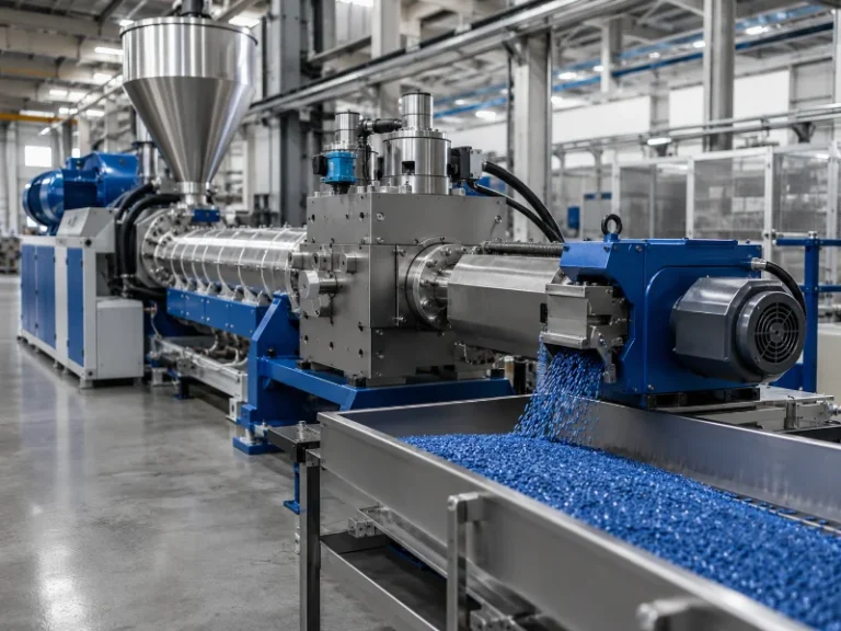 Plastic pelletizing line processing washed flake and film with extruder, melt filtration, and pellet cutting for uniform resale-grade pellets