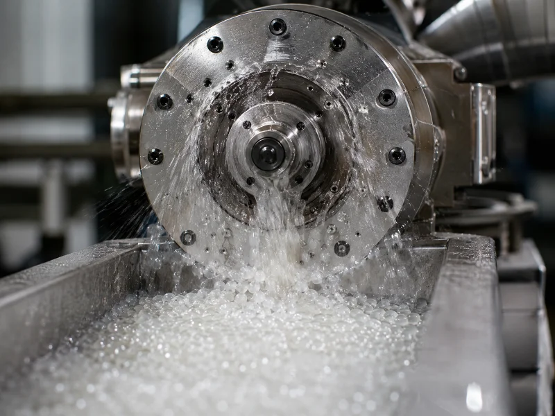 Water-ring pelletizing system on a plastic pelletizing line cutting molten polyolefin film at the die face into semi-spherical pellets
