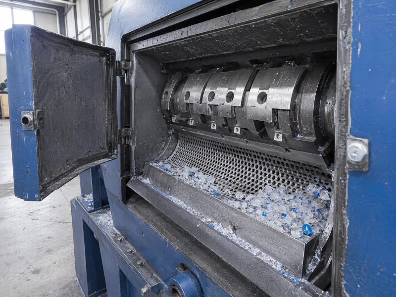 Granulator rotor and screen at the size reduction stage ahead of the wash line