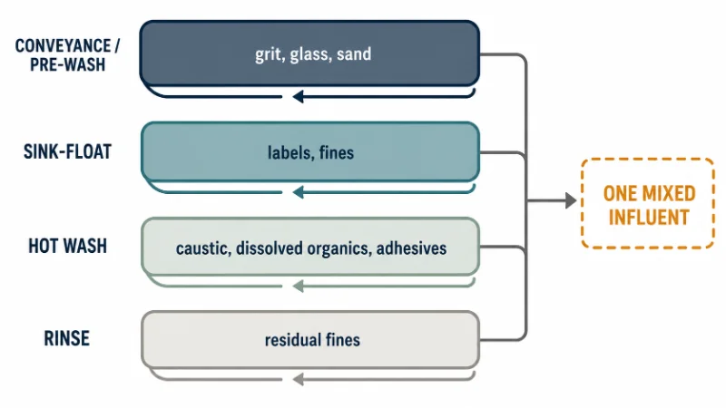 Diagram of four wash water loops in a recycling line, each carrying a different contaminant load.