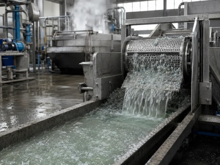 Plastic recycling wash line where process water carries flake between stages.