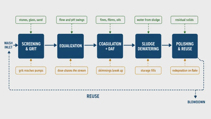 Flow diagram of a wash water treatment train, showing what each stage removes and where it fails.